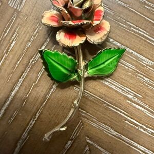 Vintage Floral Brooch with Green Leaves